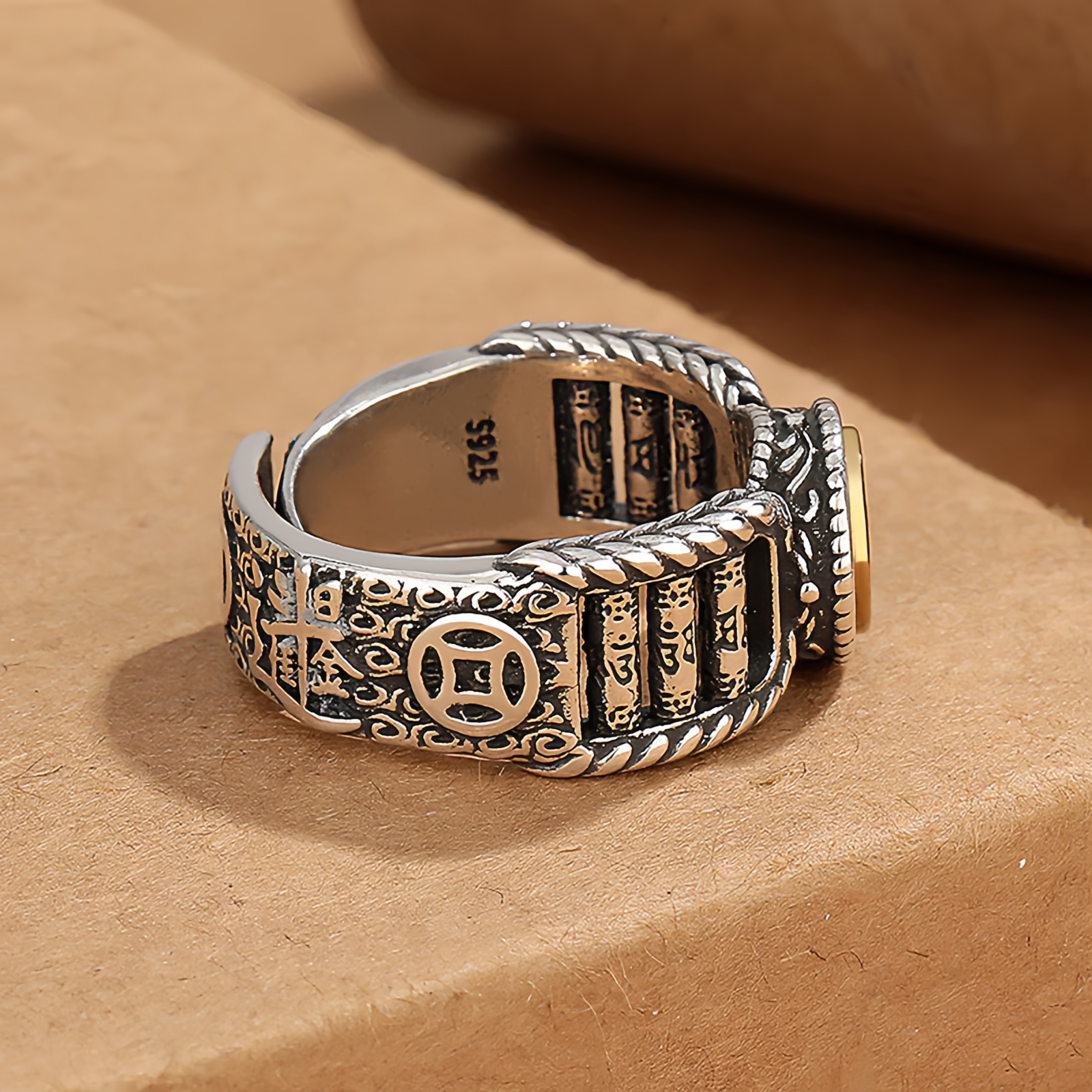 Tibetan About Mani Padme Hum Carved Design Copper Coin Purity Rotatable Ring.