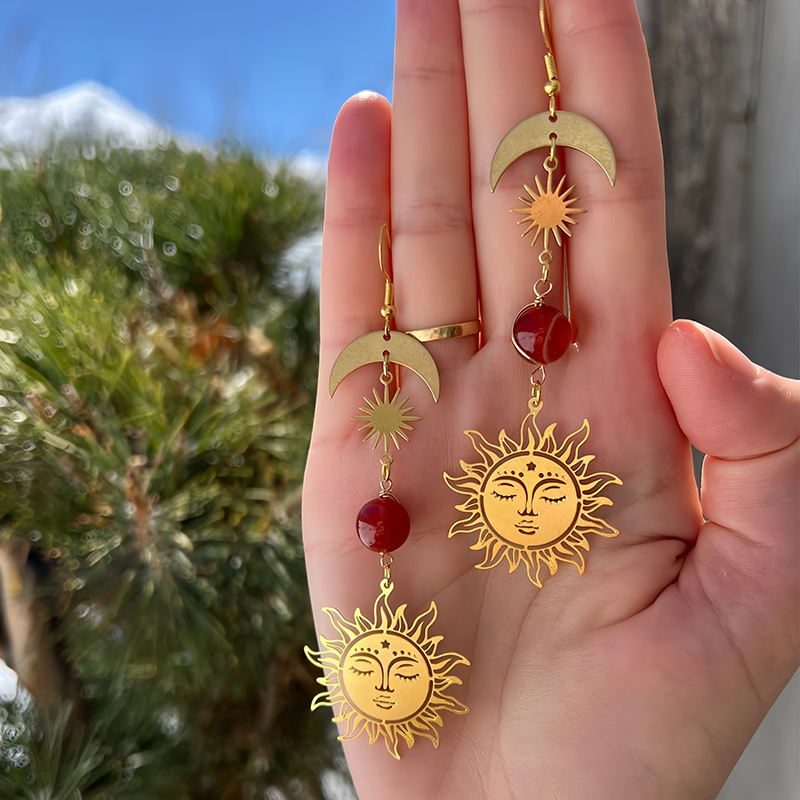 Brass Sun Moon Healing Earrings |   Copper Chakra Energy Balancing