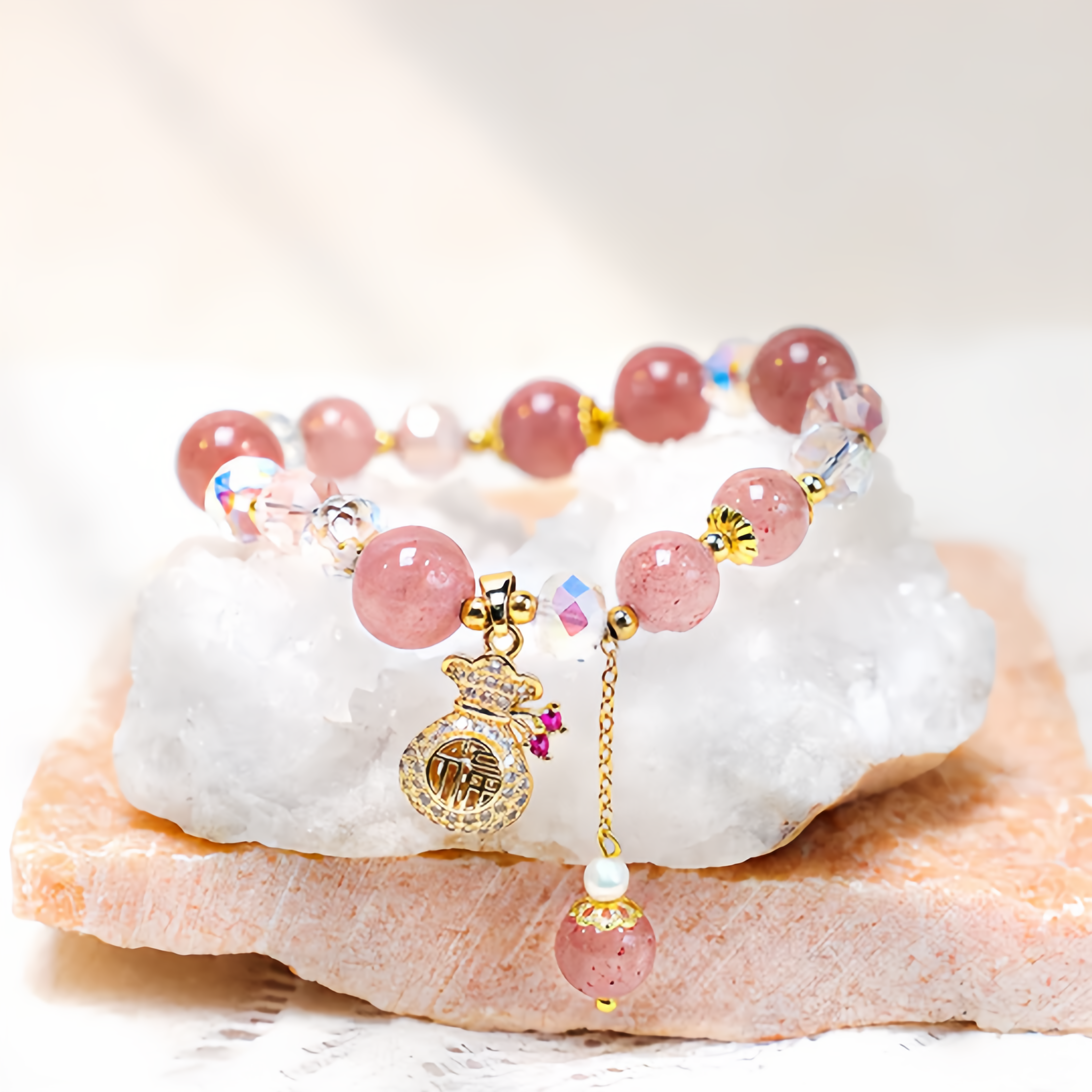 Natural Strawberry Quartz Crystal Money Bag Charm Positive Bracelet- EclatDoré