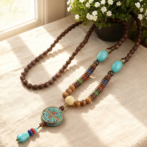 Turquoise Dzi Bead Prayer Wheel Wenge Wood Meditation Necklace