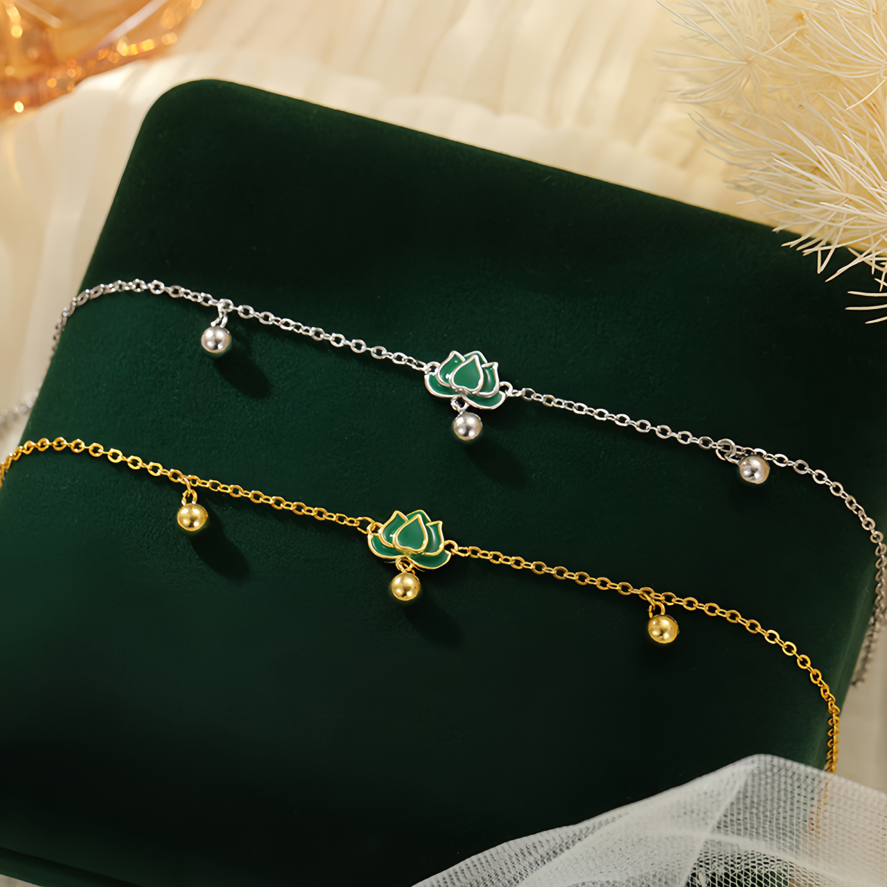 S925 Sterling Silver Vintage Lotus Ankle Bracelet & Wrist Chain with Green Stone Beads, Adjustable Retro Jewelry for Women- EclatDoré