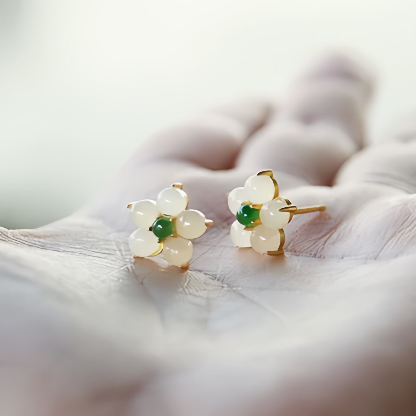 White Jade Flower Stud Earrings—Handmade Lucky Charm Blessing Jewelry for Women,14K Gold Plating- EclatDoré
