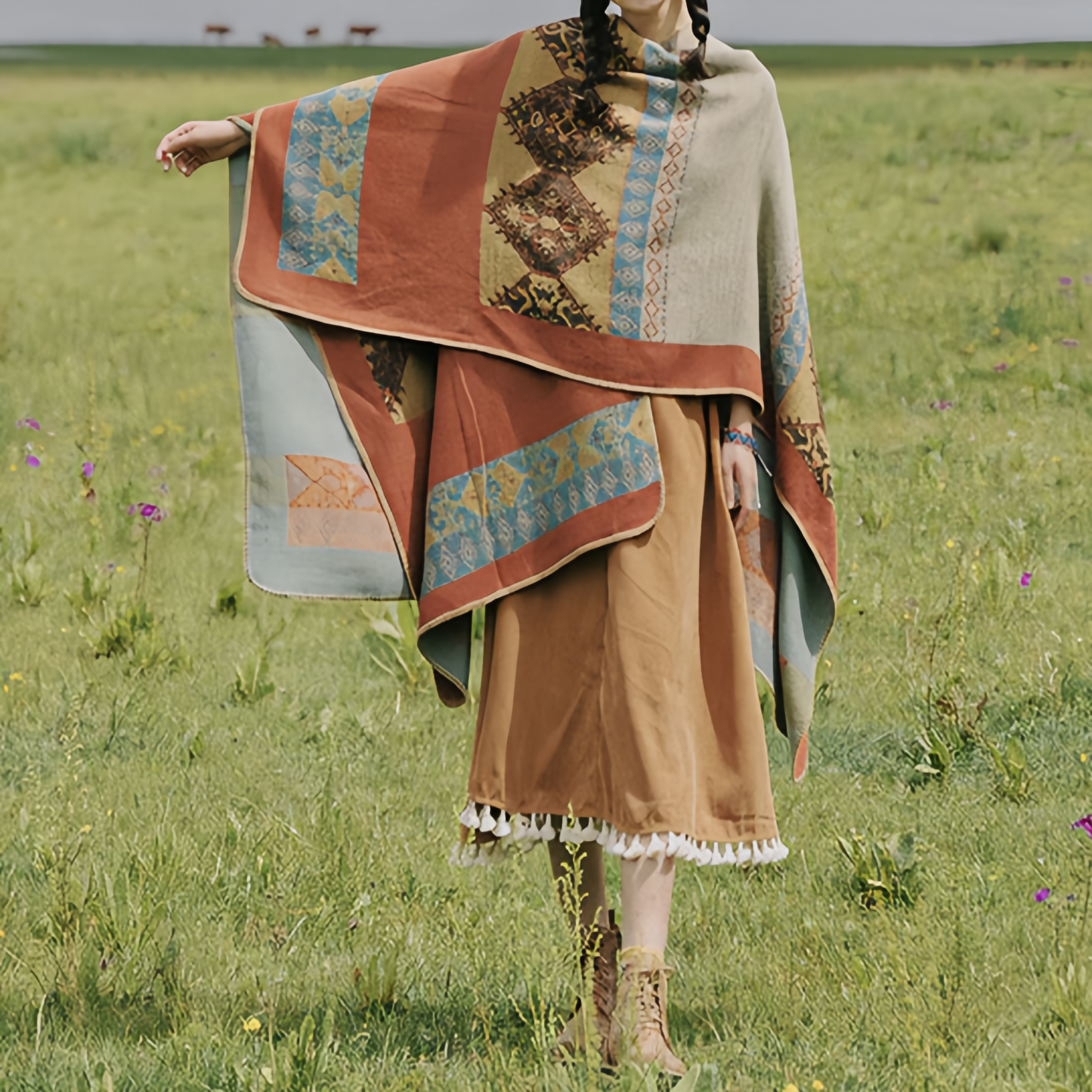 Tibetan Shawl Diamond Pattern Winter Warm Cloak Scarf- EclatDoré