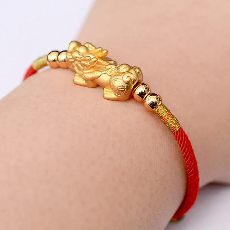 24K Gold Plated Pixiu Lucky Red String Bracelet