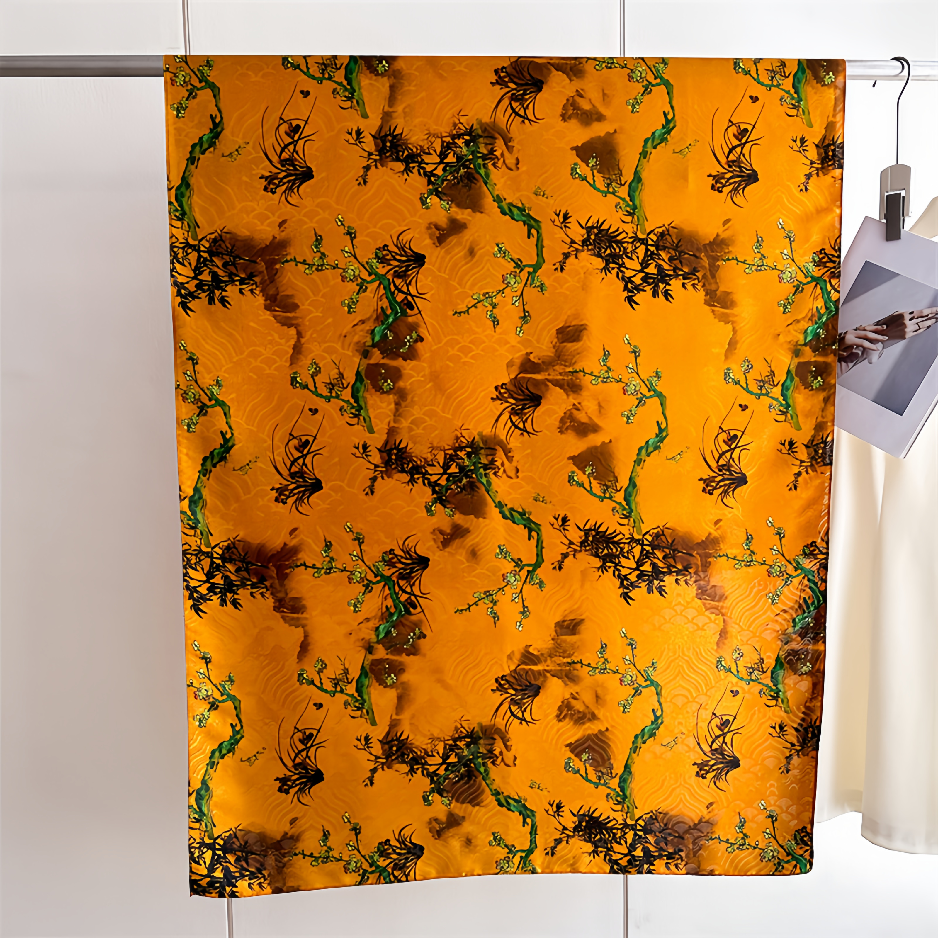  UV-Protective Handwoven Silk Scarf - Vintage Blue Peony & Bamboo Lightweight Ethno Fashion- EclatDoré