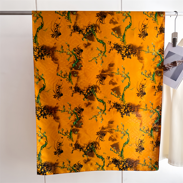  UV-Protective Handwoven Silk Scarf - Vintage Blue Peony & Bamboo Lightweight Ethno Fashion- EclatDoré