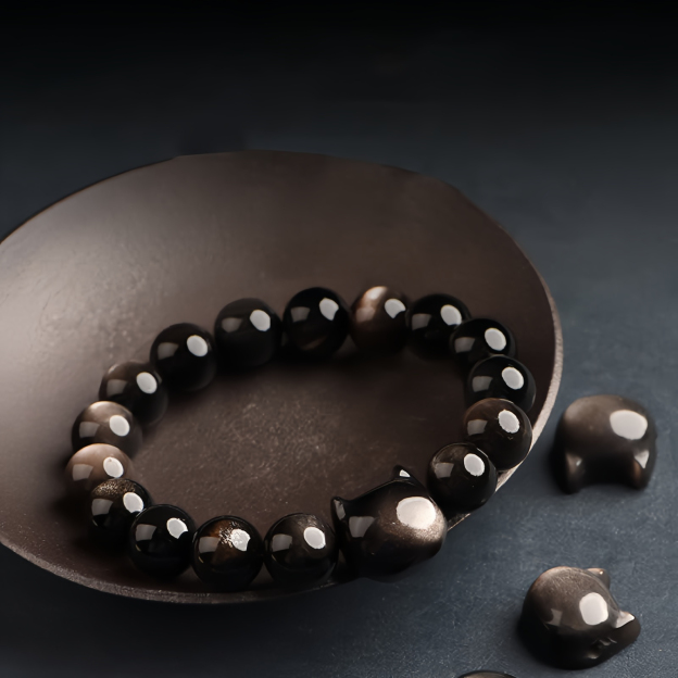 Gold Sheen Obsidian Silver Sheen Obsidian Lovely Paw Lucky Cat Protection Bracelet