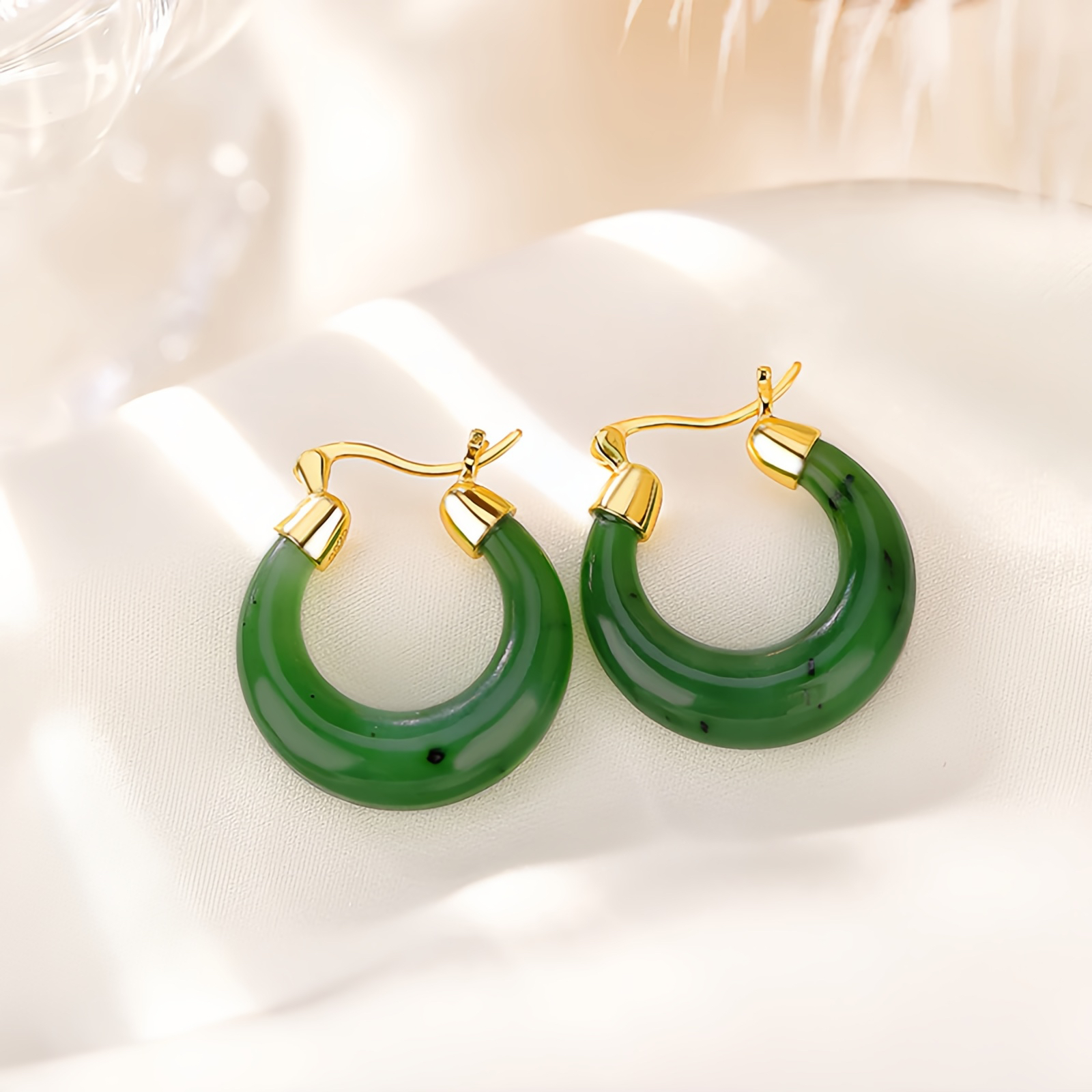 925 Sterling Silver Plated Gold Natural Round Hetian Cyan Jade Luck Drop Earrings