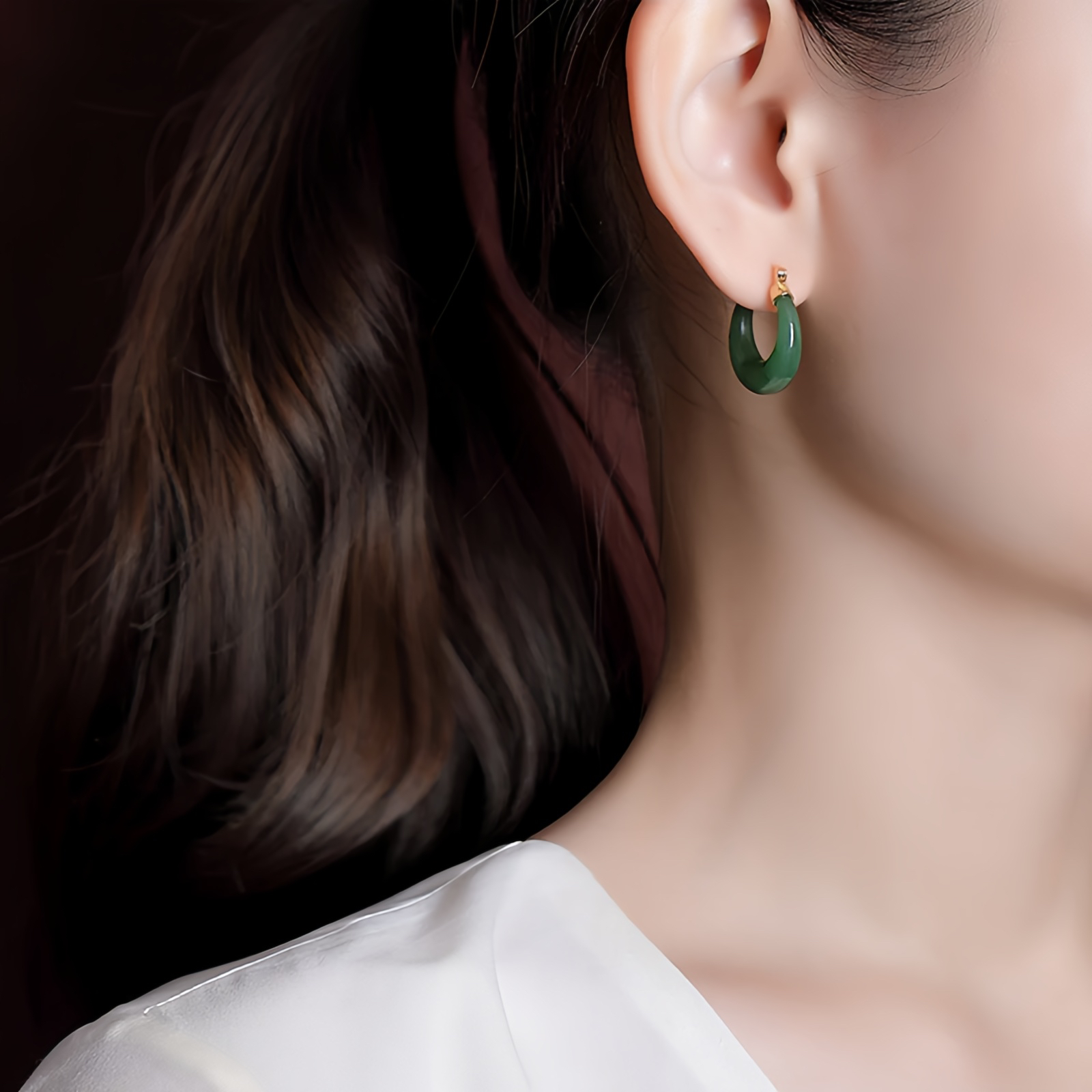 925 Sterling Silver Plated Gold Natural Round Hetian Cyan Jade Luck Drop Earrings