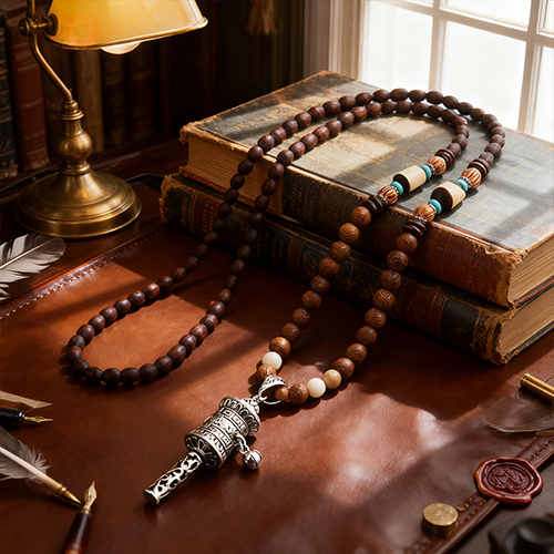 Turquoise Dzi Bead Prayer Wheel Wenge Wood Meditation Necklace