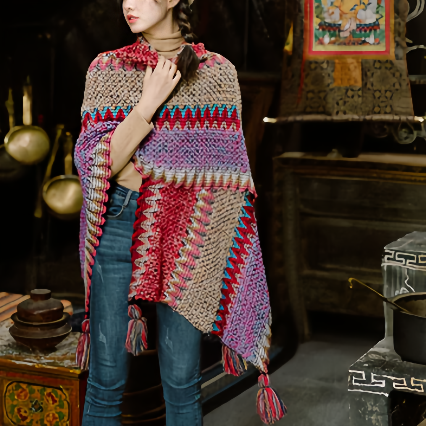 Tibetan Shawl Knitting Warm Cloak Tibetan Tassel Scarf- EclatDoré