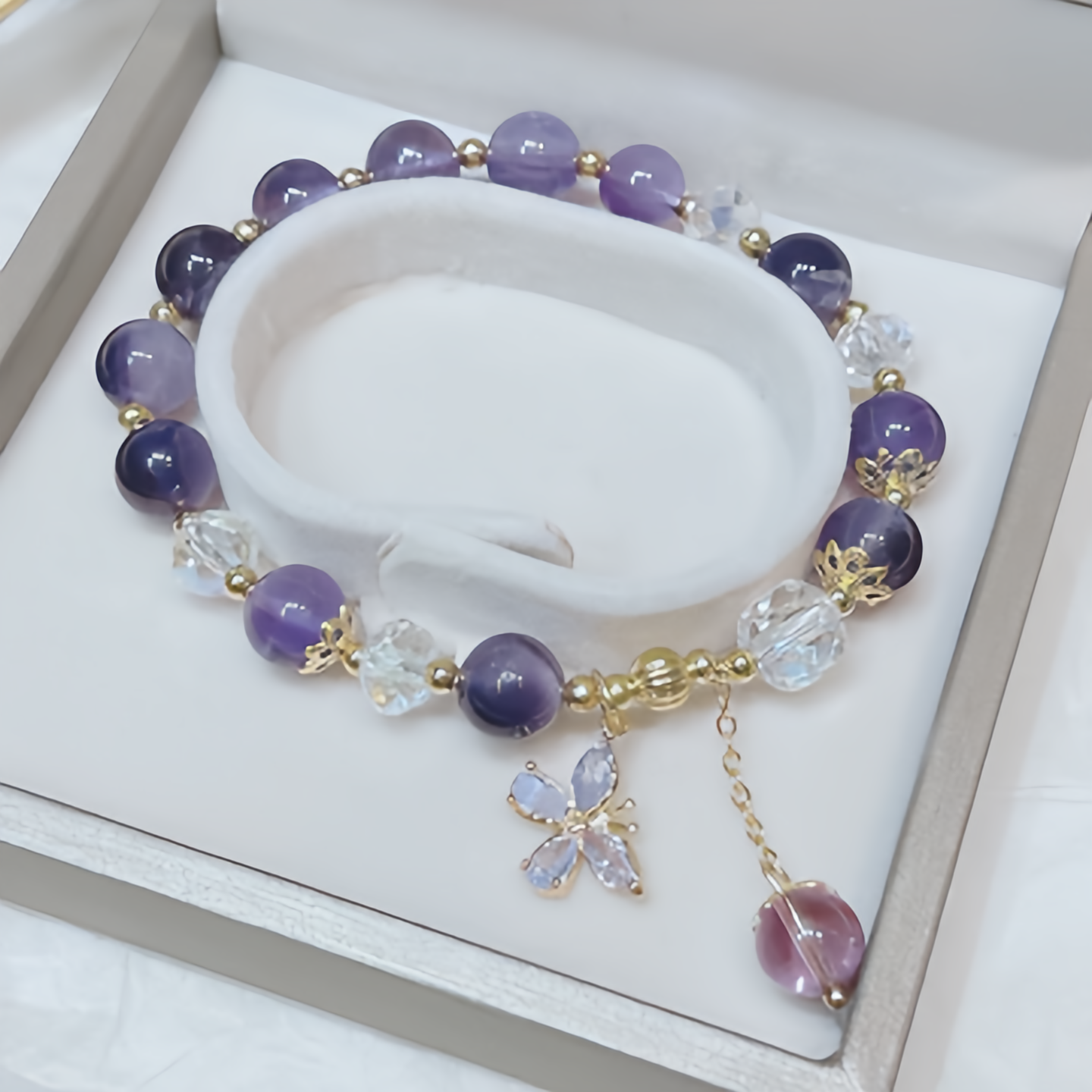 Natural Amethyst Crystal Spiritual Butterfly Charm Bracelet- EclatDoré