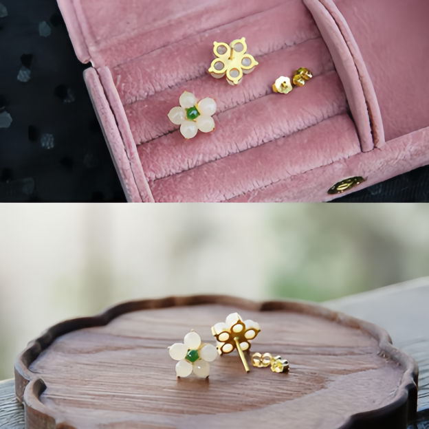 White Jade Flower Stud Earrings—Handmade Lucky Charm Blessing Jewelry for Women,14K Gold Plating- EclatDoré