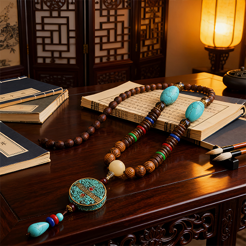 Turquoise Dzi Bead Prayer Wheel Wenge Wood Meditation Necklace