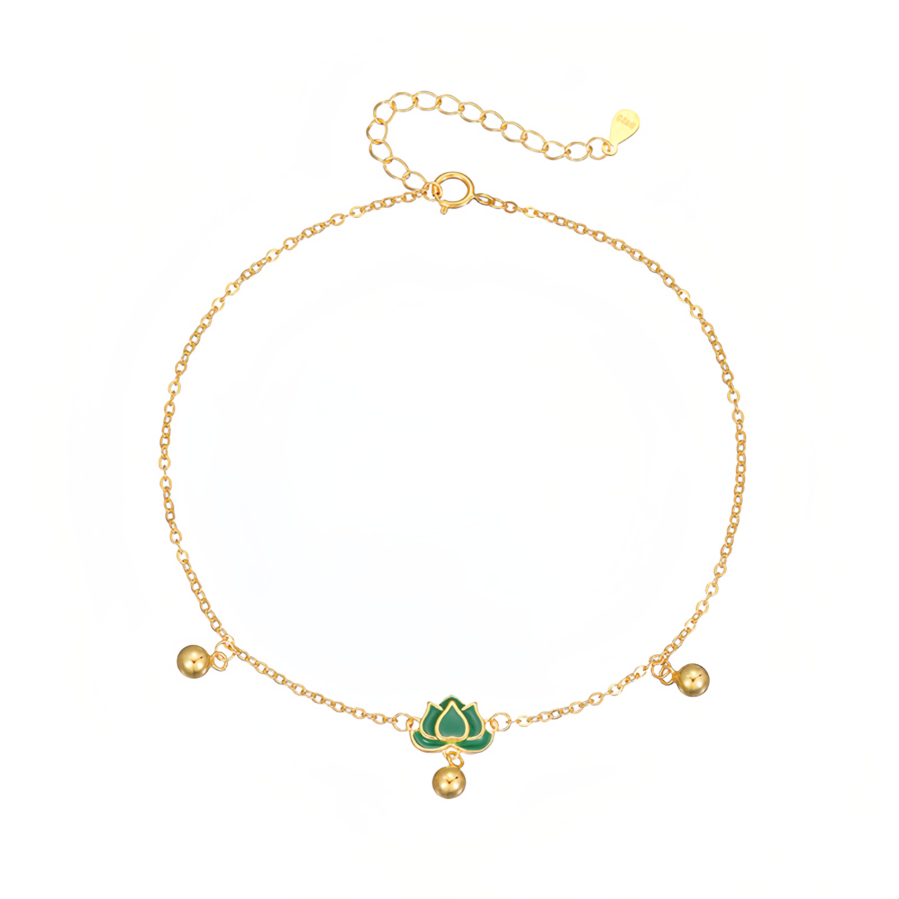 S925 Sterling Silver Vintage Lotus Ankle Bracelet & Wrist Chain with Green Stone Beads, Adjustable Retro Jewelry for Women- EclatDoré