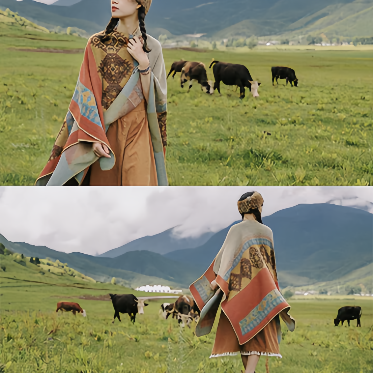 Tibetan Shawl Diamond Pattern Winter Warm Cloak Scarf- EclatDoré