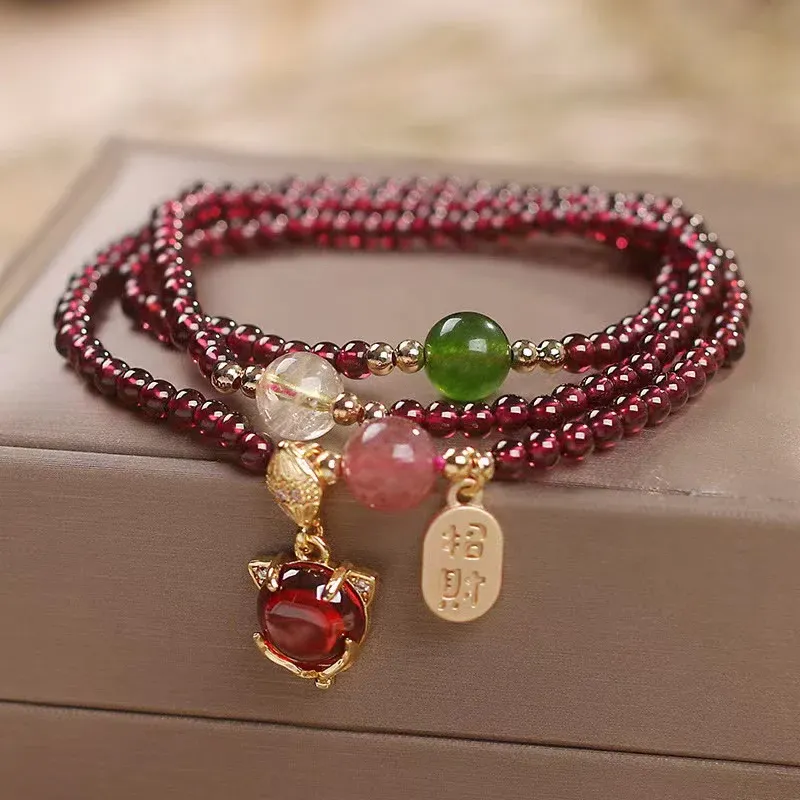 Natural Garnet Strawberry Quartz Crystal Fox Koi Fish Peace Buckle Fortune Protection Triple Wrap Bracelet- EclatDoré