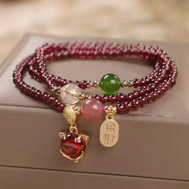 Natural Garnet Strawberry Quartz Crystal Fox Koi Fish Peace Buckle Fortune Protection Triple Wrap Bracelet- EclatDoré