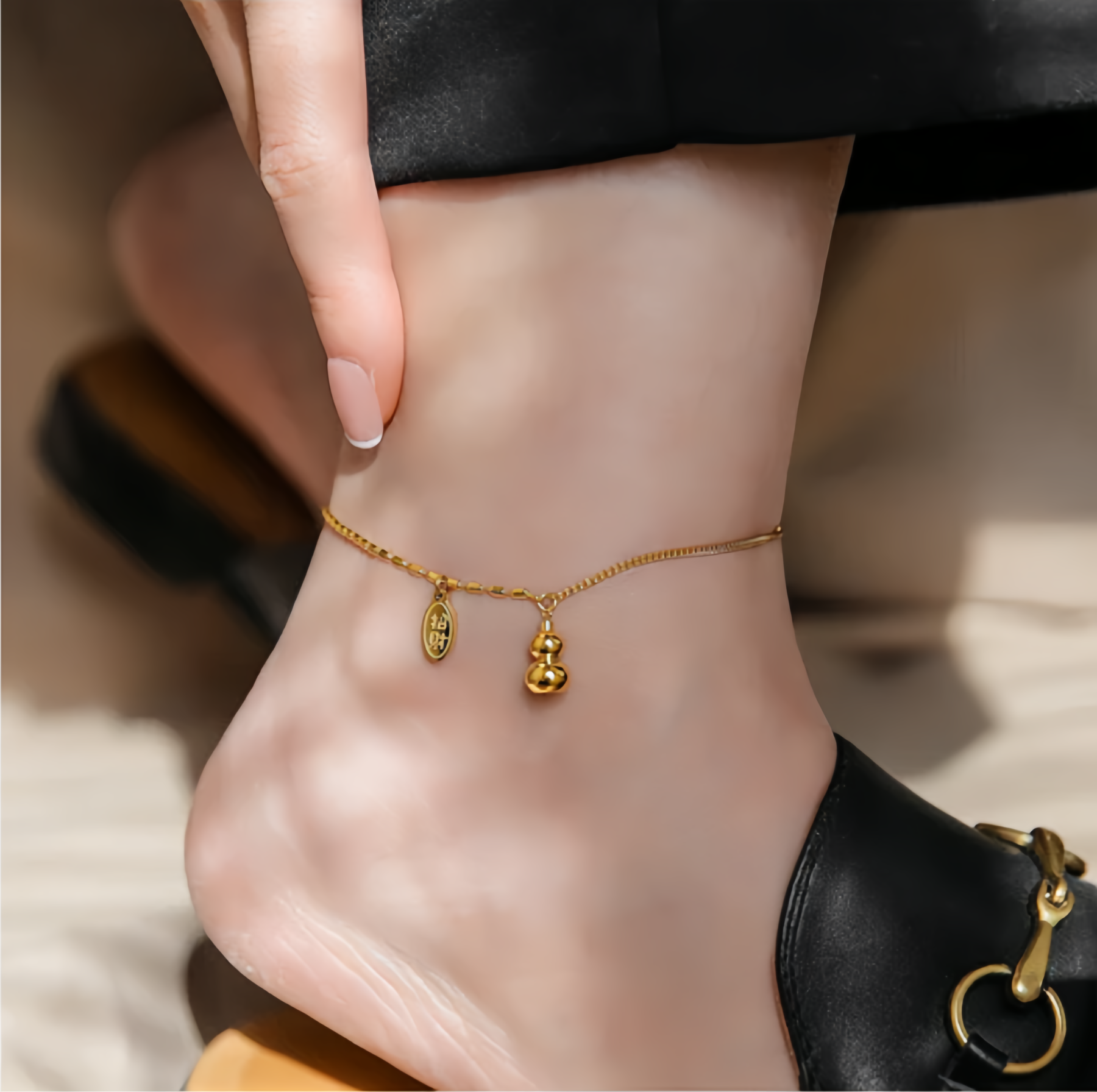 18K Gold Lucky Gourd Bracelet Anklet - Adjustable Style Fortune Jewelry- EclatDoré
