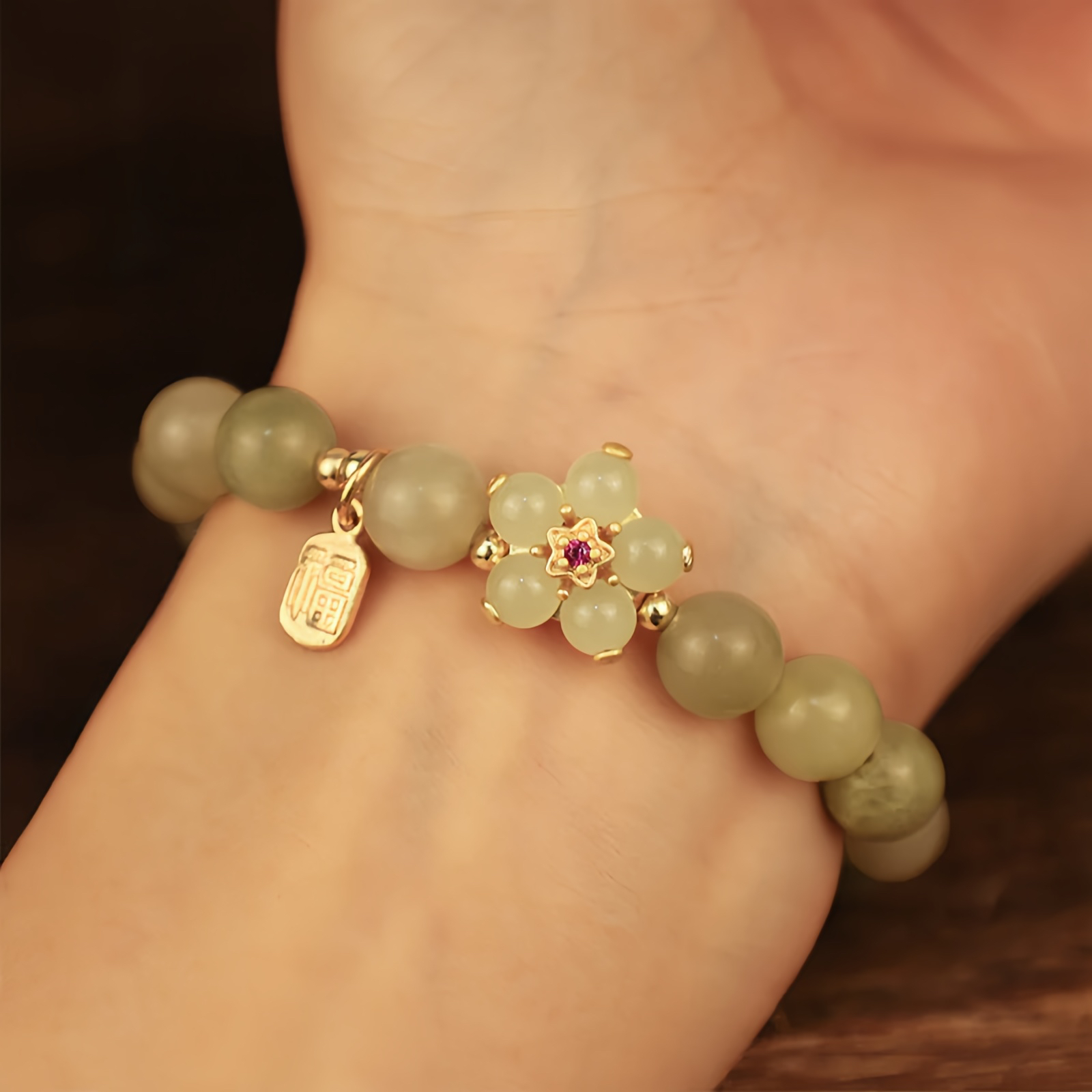 Green Jade Flower Fu Character Charm Luck Bracelet