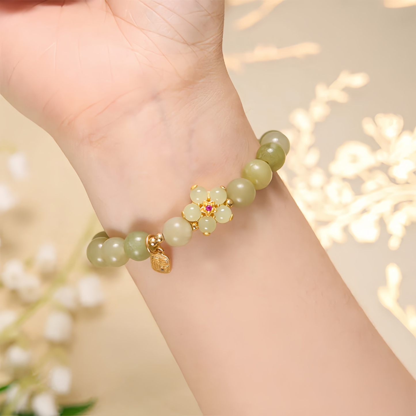 Green Jade Flower Fu Character Charm Luck Bracelet