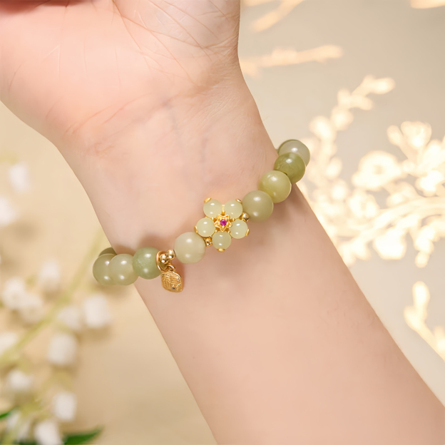 Green Jade Flower Fu Character Charm Luck Bracelet