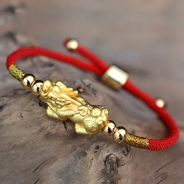 24K Gold Plated Pixiu Lucky Red String Bracelet