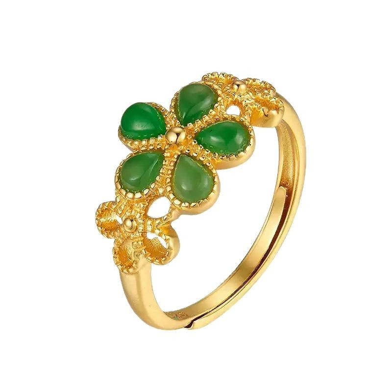 Natural Hetian Jade 925 Sterling Silver Plated Gold Flower Adjustable Prosperity Ring- EclatDoré