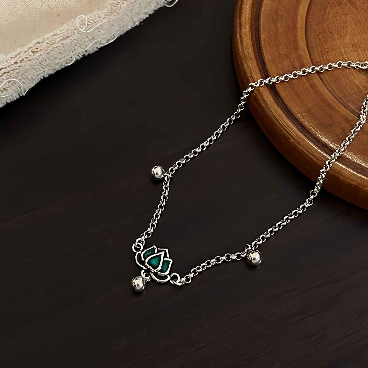 S925 Sterling Silver Vintage Lotus Ankle Bracelet & Wrist Chain with Green Stone Beads, Adjustable Retro Jewelry for Women- EclatDoré