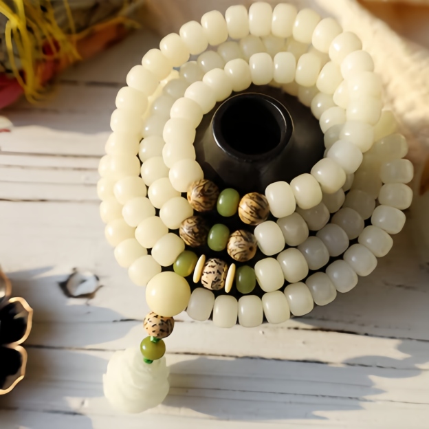 White Jade Bodhi Lotus Mala Harmony Necklace Bracelet- EclatDoré