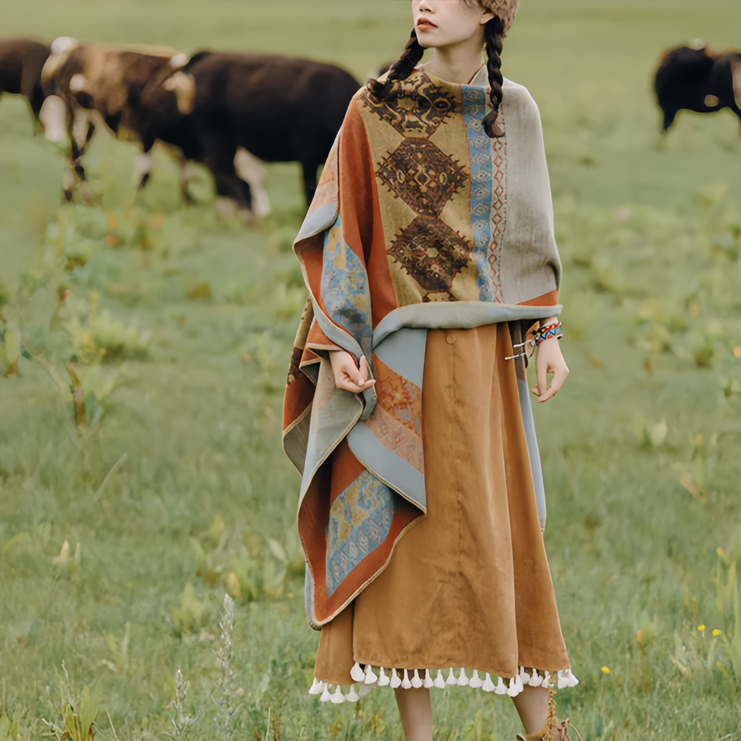 Tibetan Shawl Diamond Pattern Winter Warm Cloak Scarf- EclatDoré