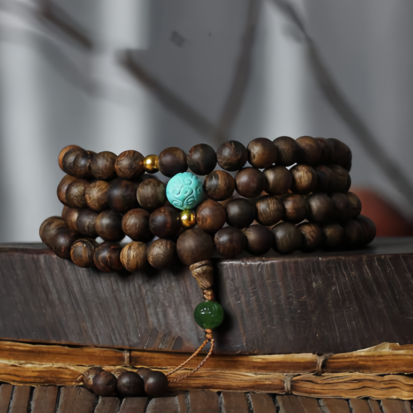 108 Mala Beads Nha Trang Agarwood Turquoise Prayer Meditation Bracelet Mala- EclatDoré