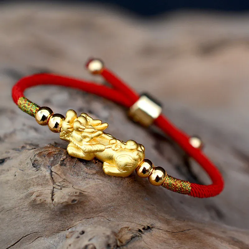 24K Gold Plated Pixiu Lucky Red String Bracelet