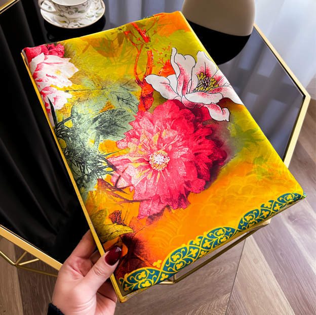  UV-Protective Handwoven Silk Scarf - Vintage Blue Peony & Bamboo Lightweight Ethno Fashion- EclatDoré