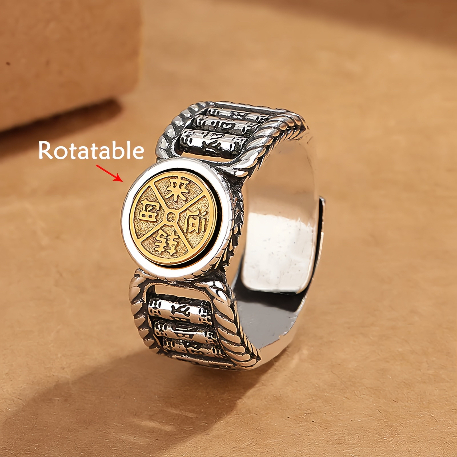 Tibetan About Mani Padme Hum Carved Design Copper Coin Purity Rotatable Ring.