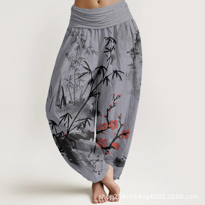 Pure Cotton Plum Blossoms Bamboo Orchids Chrysanthemums Pattern Women's Elastic Waist Harem Pants- EclatDoré