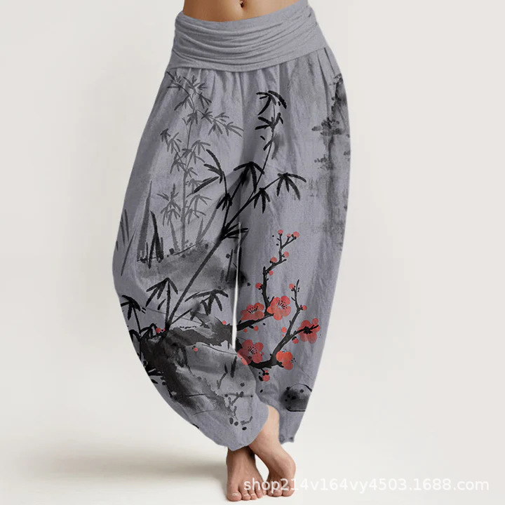 Pure Cotton Plum Blossoms Bamboo Orchids Chrysanthemums Pattern Women's Elastic Waist Harem Pants- EclatDoré