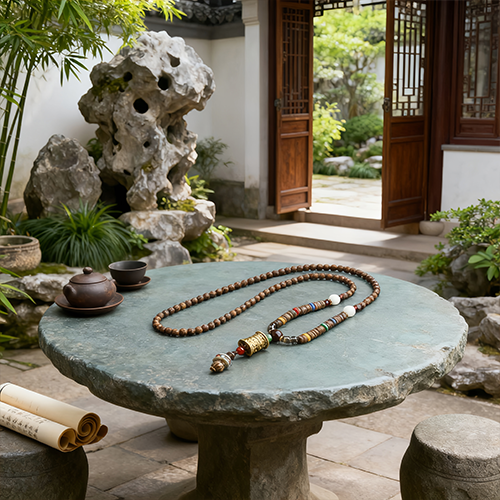 Turquoise Dzi Bead Prayer Wheel Wenge Wood Meditation Necklace