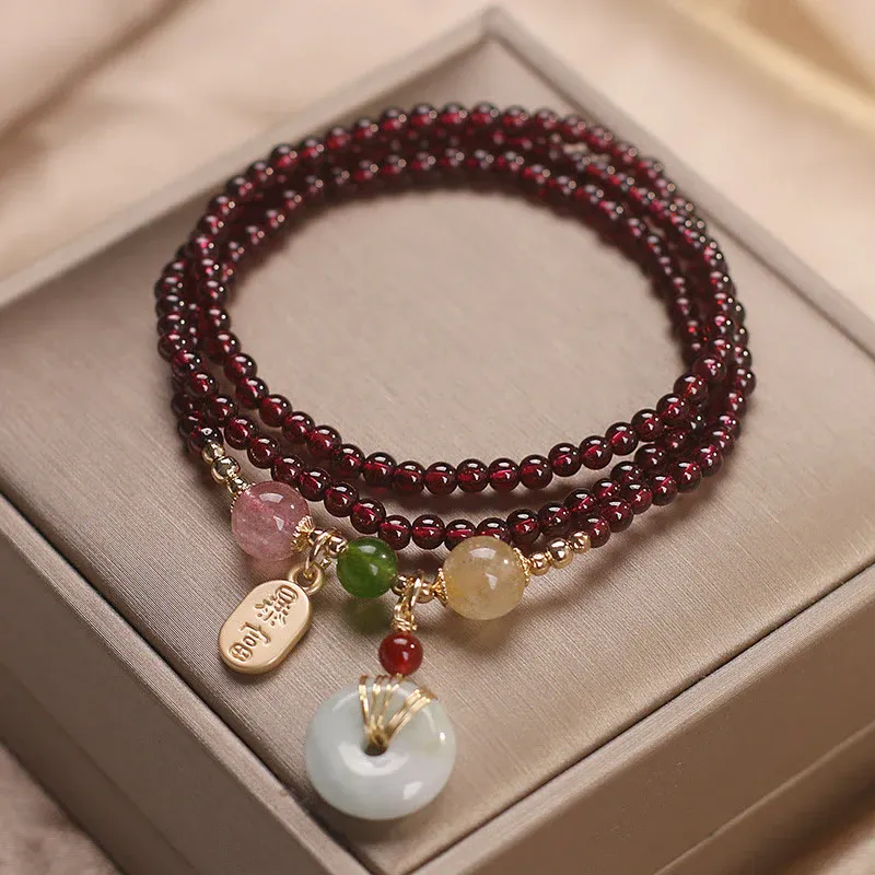 Natural Garnet Strawberry Quartz Crystal Fox Koi Fish Peace Buckle Fortune Protection Triple Wrap Bracelet- EclatDoré