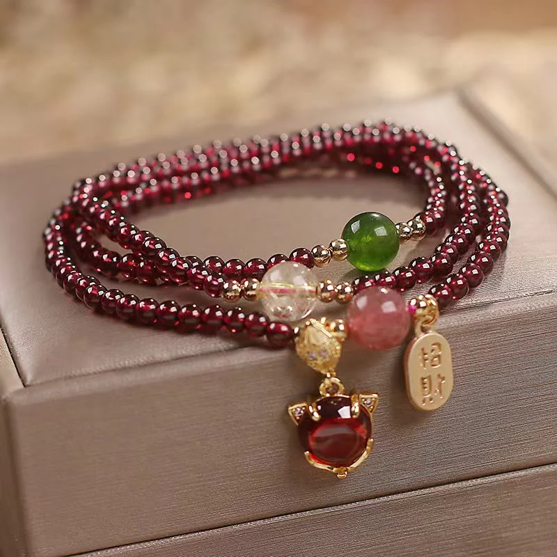Natural Garnet Strawberry Quartz Crystal Fox Koi Fish Peace Buckle Fortune Protection Triple Wrap Bracelet- EclatDoré