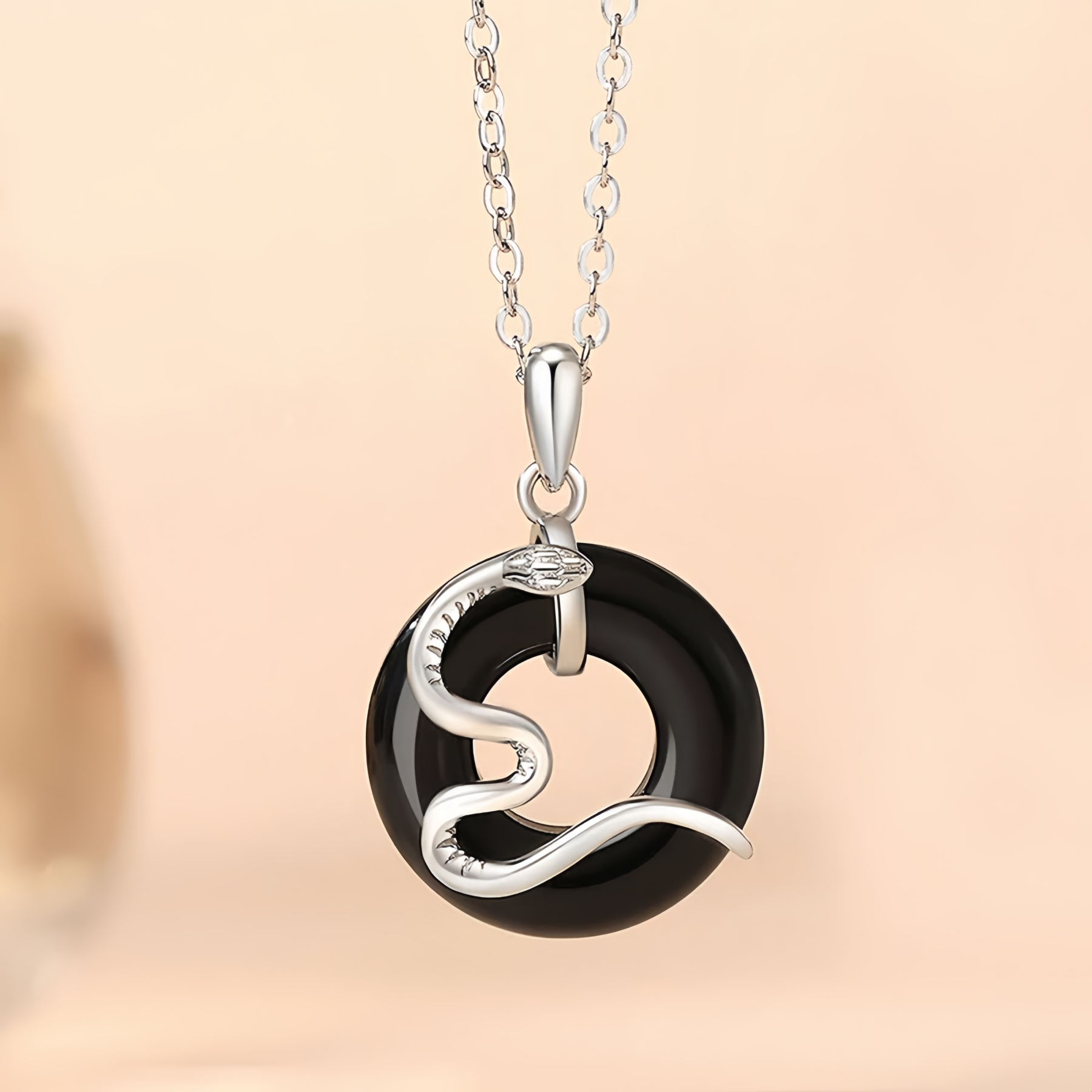 925 Sterling Silver Black Onyx Chalcedony Peace  Buckle Year Of The Snake Luck Pendant Necklace- EclatDoré