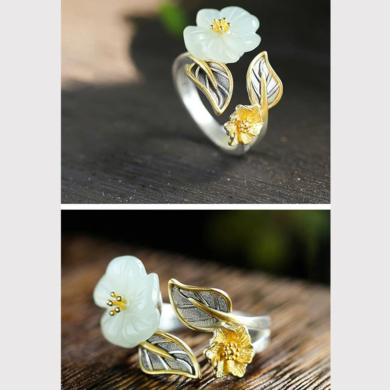925 Silver Plated Copper White Jade Plum Flower Leaf Luck Ring