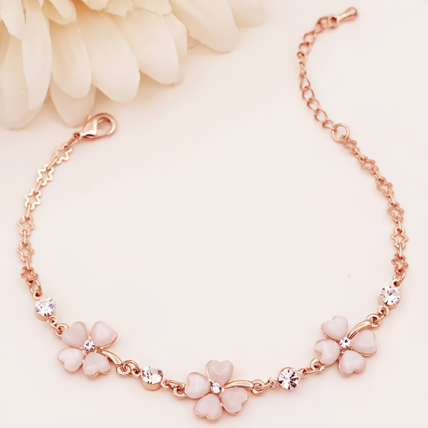 Pink Crystal Four Leaf Clover Love Chain Bracelet