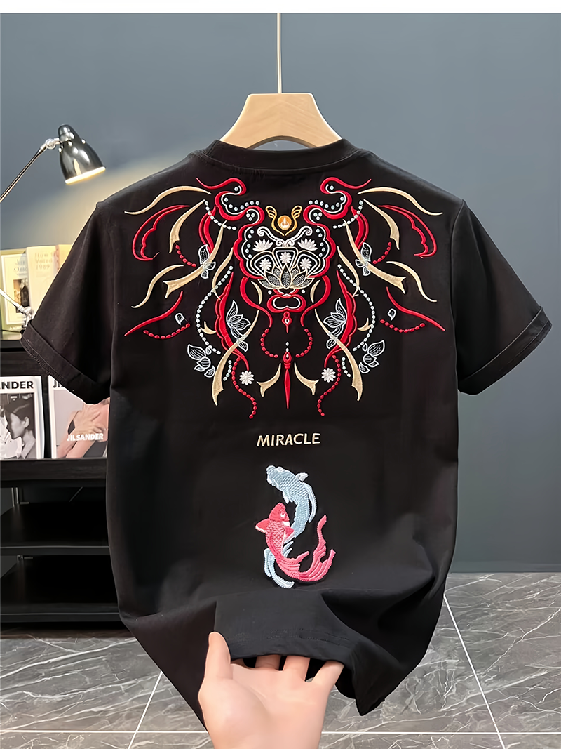 Koi Embroidered Men's T-Shirt | Cotton Hip-Hop Street Loose Large Size T-Shirt