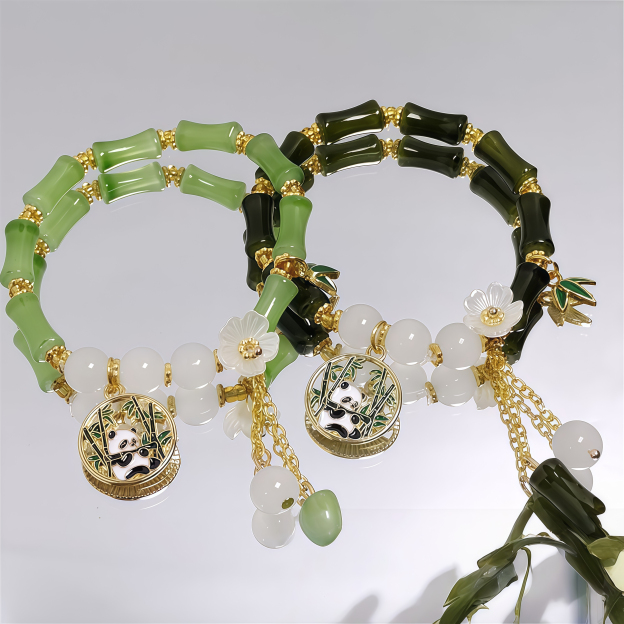 Chinese Panda Peach Blossom Lucky Bamboo Bracelet- EclatDoré