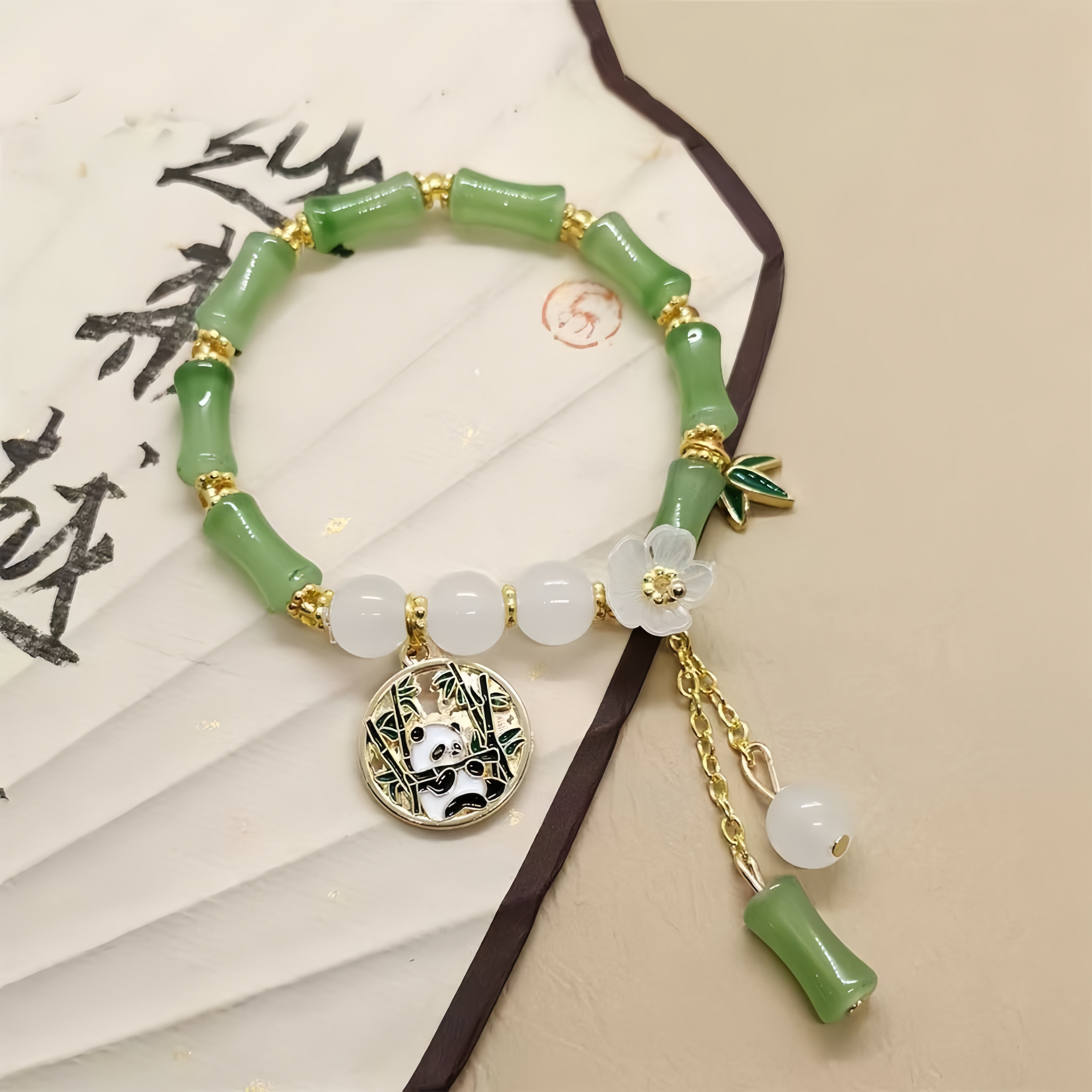 Chinese Panda Peach Blossom Lucky Bamboo Bracelet