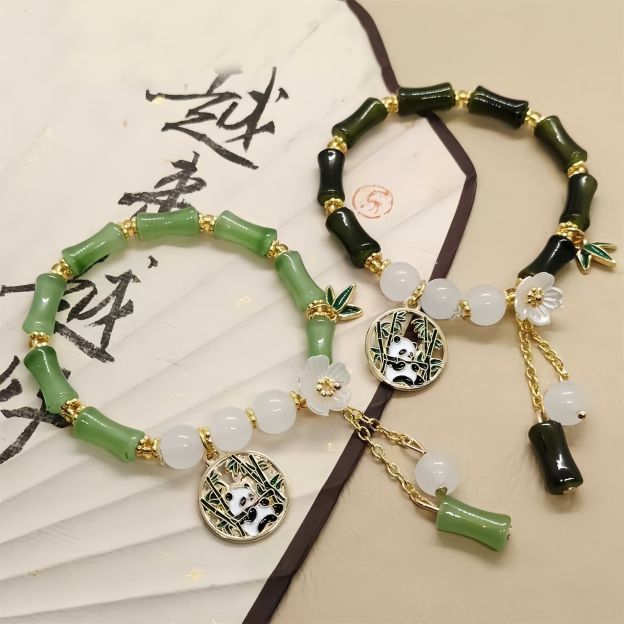 Chinese Panda Peach Blossom Lucky Bamboo Bracelet