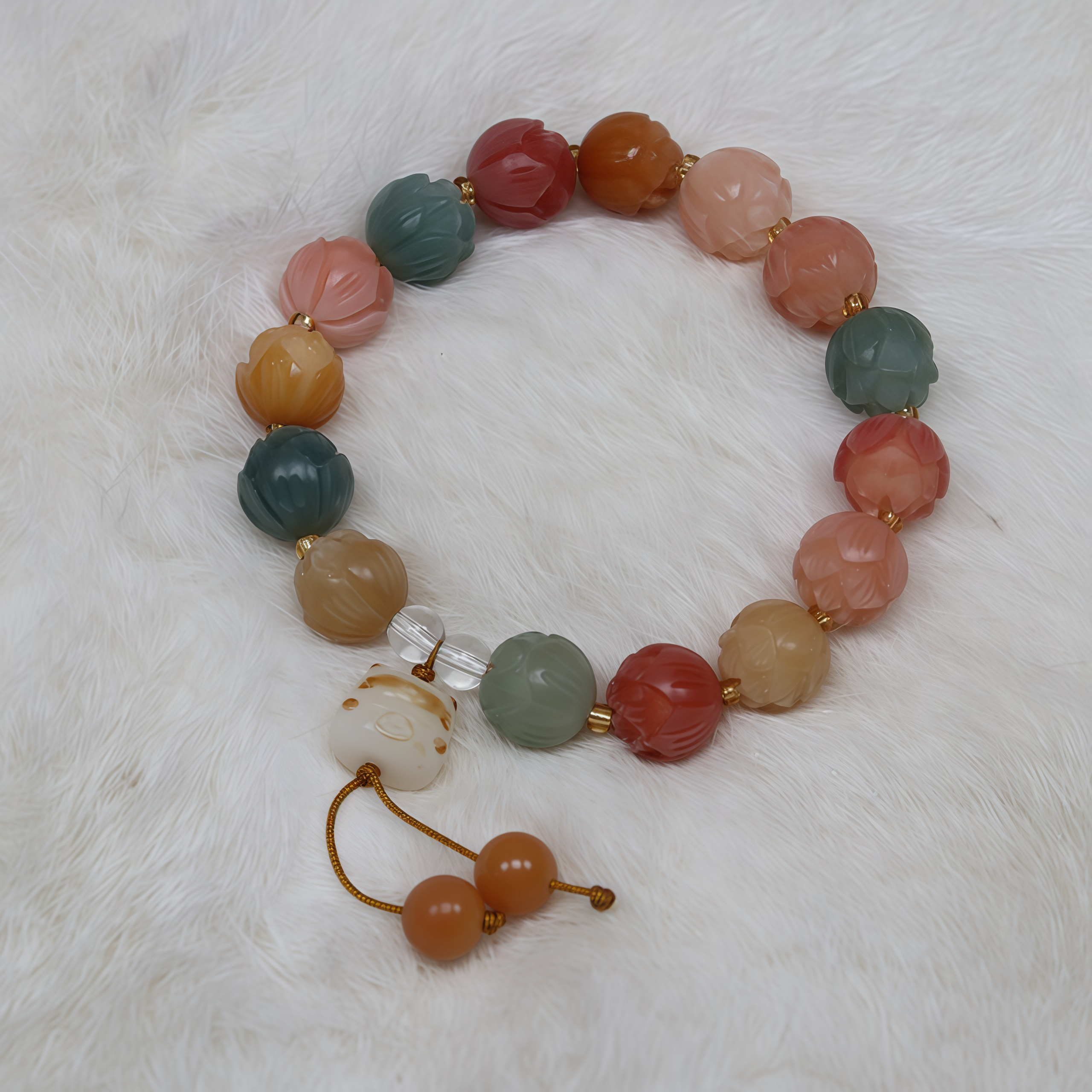 Natural White Jade Bodhi Root Bracelet |Lotus flowers bloom at every step 