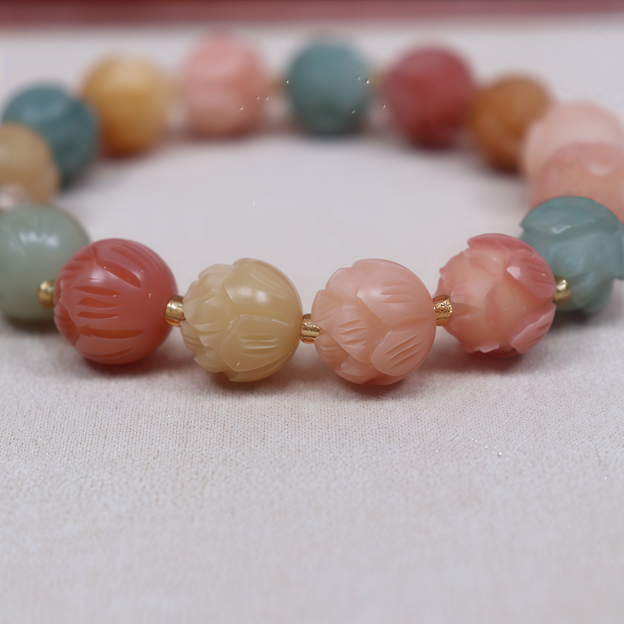 Natural White Jade Bodhi Root Bracelet |Lotus flowers bloom at every step 