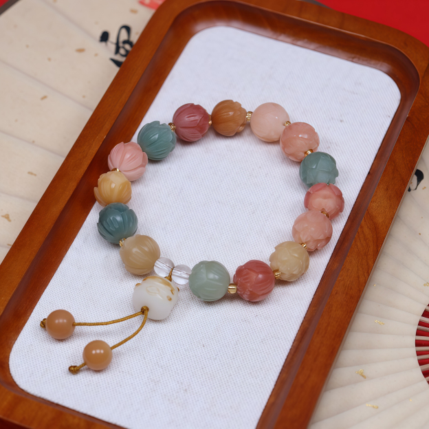 Natural White Jade Bodhi Root Bracelet |Lotus flowers bloom at every step 